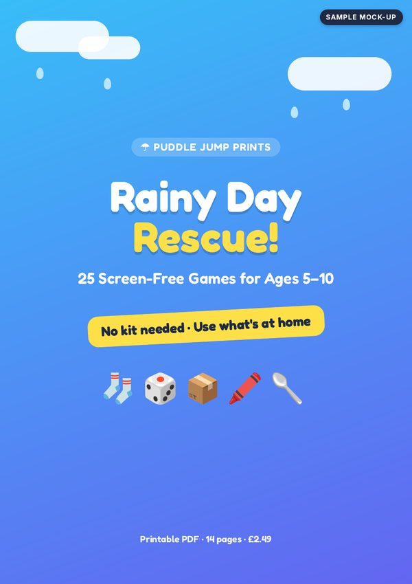 Sample cover of a children's activity guide called Rainy Day Rescue: 25 Screen-Free Games for Ages 5 to 10