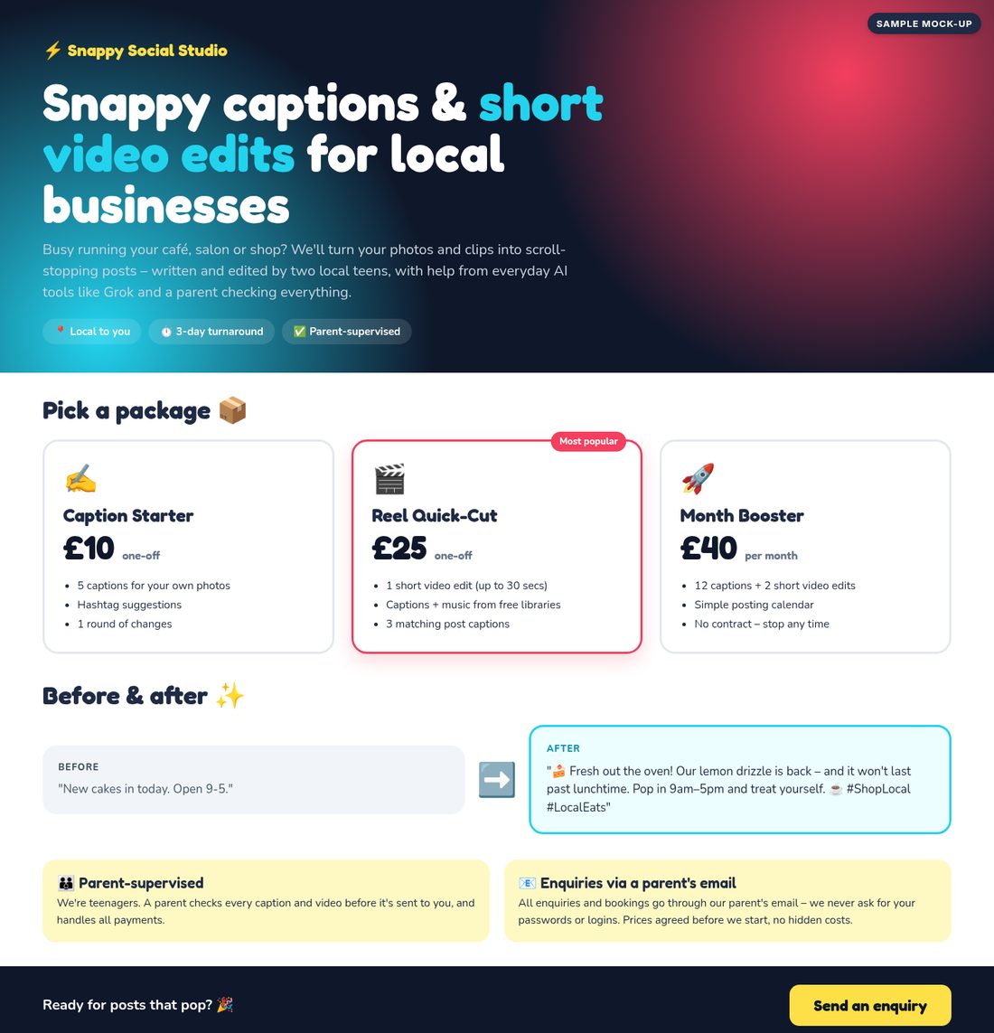 Sample offer page for Snappy Social Studio with three packages at £10, £25 and £40 a month